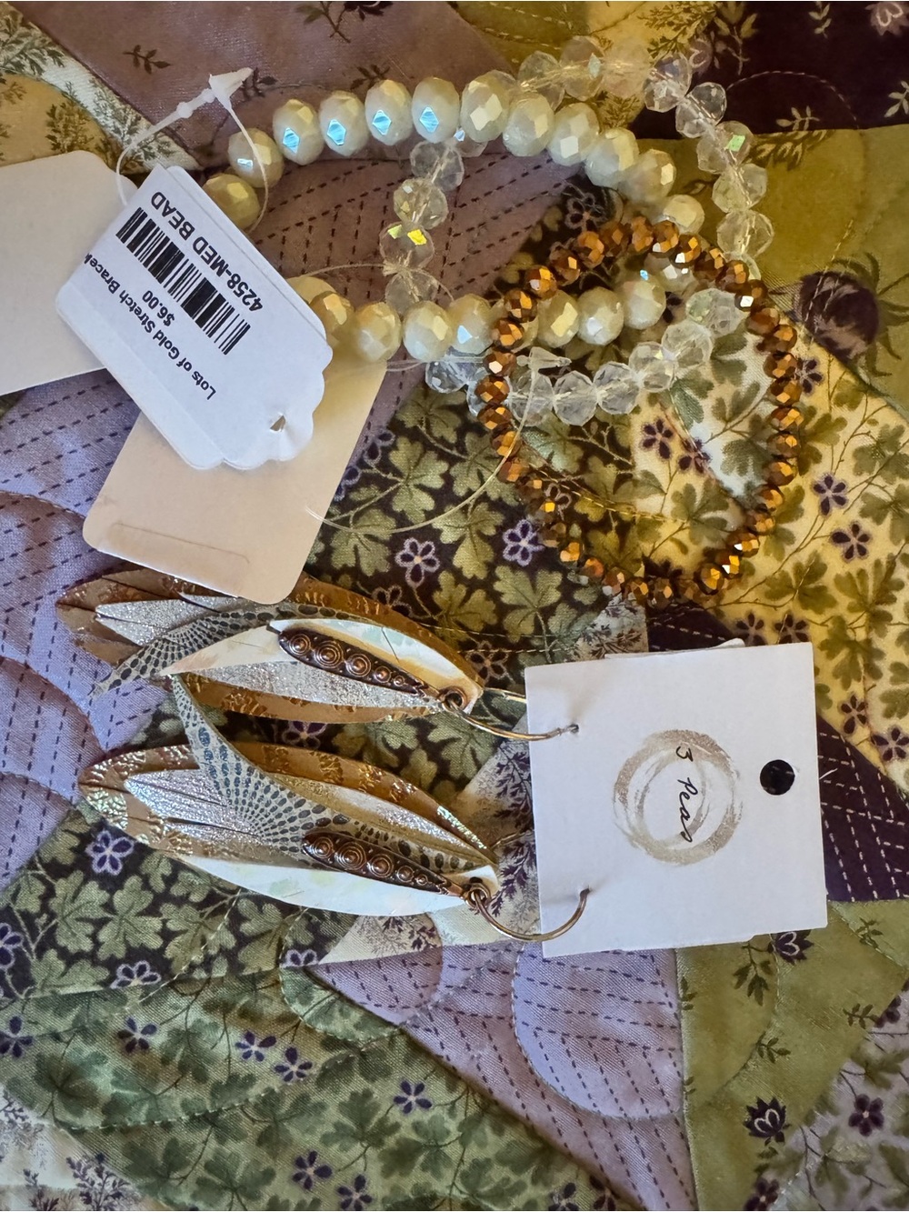 Beaded Bracelets & Feather Drop Earrings - White, Clear, Gold, Copper